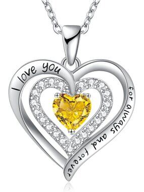 WomenYellow 1 Cubic Zirconia Sterling Silver Birthstone Heart Jewelry Necklace